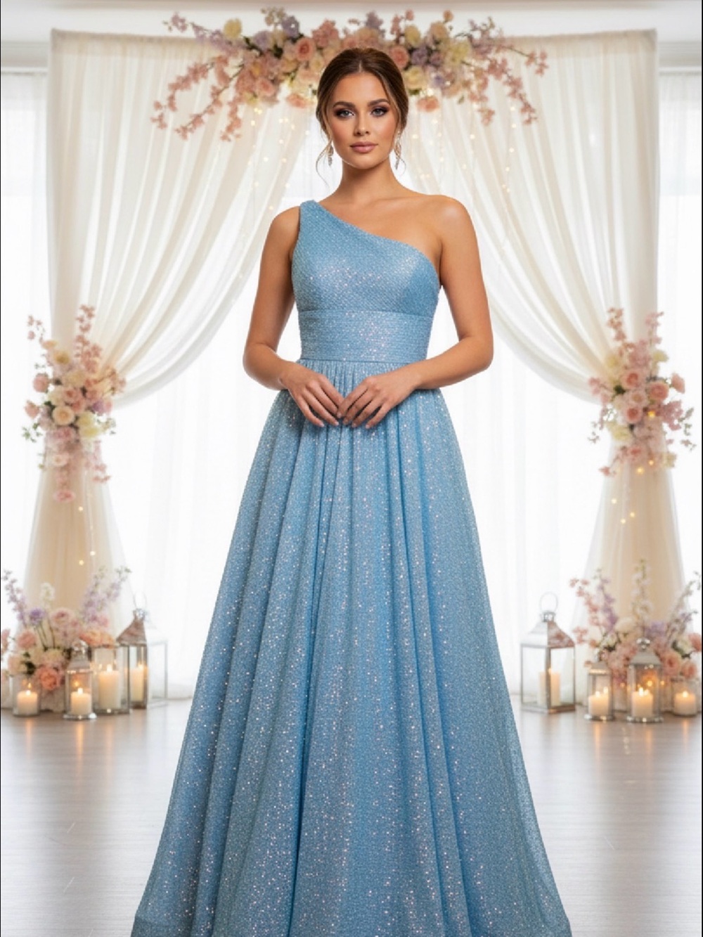 Sherri Hill One-Shoulder Sparkling Sky Blue Gown
